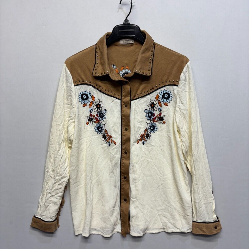 John Moon Women Western Fringe Blouse Shirt Top XL X-Large Embroidered C120 -21